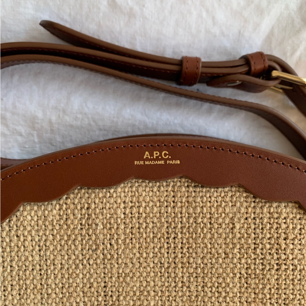 A.P.C. Demi Lune Jute Raffia Leather Crossbody Purse Bag Noisette Brown Tan - Picture 9 of 14